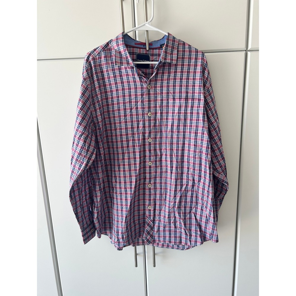 Tommy Bahama Mens XL Pink Blue White Plaid Long Sleeve Button‎ Down Shirt Cotton